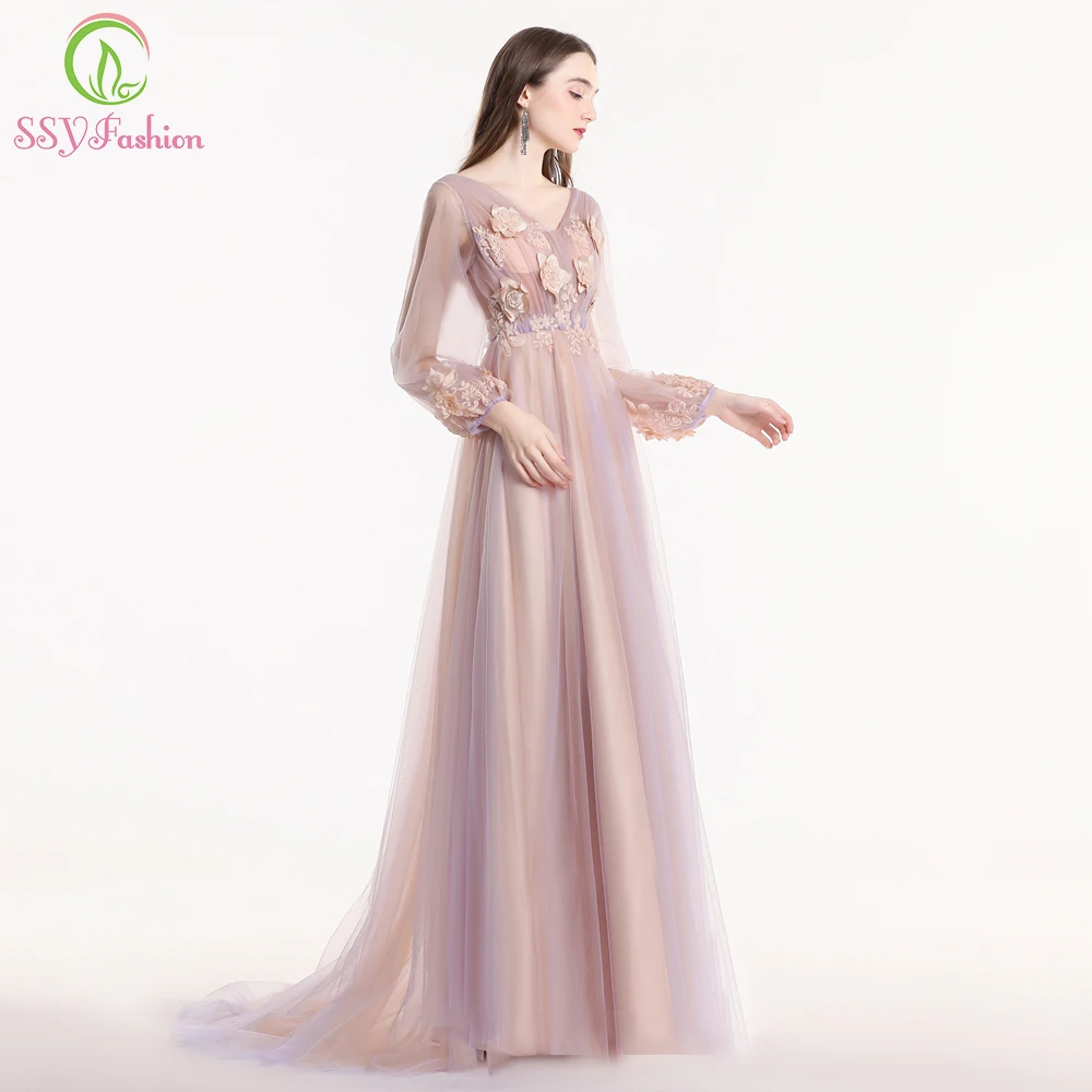 SSYFashion New Sweet Purple Pink Lace Flower Prom Dress Long Sleeve V-neck Sweep Train Party Formal Gown Robe De Soiree Custom
SSYFashion New Sweet Purple Pink Lace Flower Prom Dress Long Sleeve V-neck Sweep Train Party Formal Gown Robe De Soiree Custom