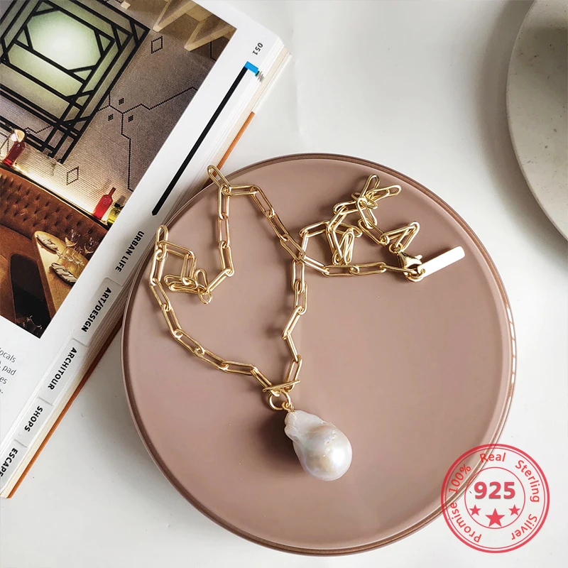 European 925 Silver Necklace Pendant New Design Creative Concise Baroque Pearl Charms Gold Chain Necklace for Women Fine Jewelry
European 925 Silver Necklace Pendant New Design Creative Concise Baroque Pearl Charms Gold Chain Necklace for Women Fine Jewelry
