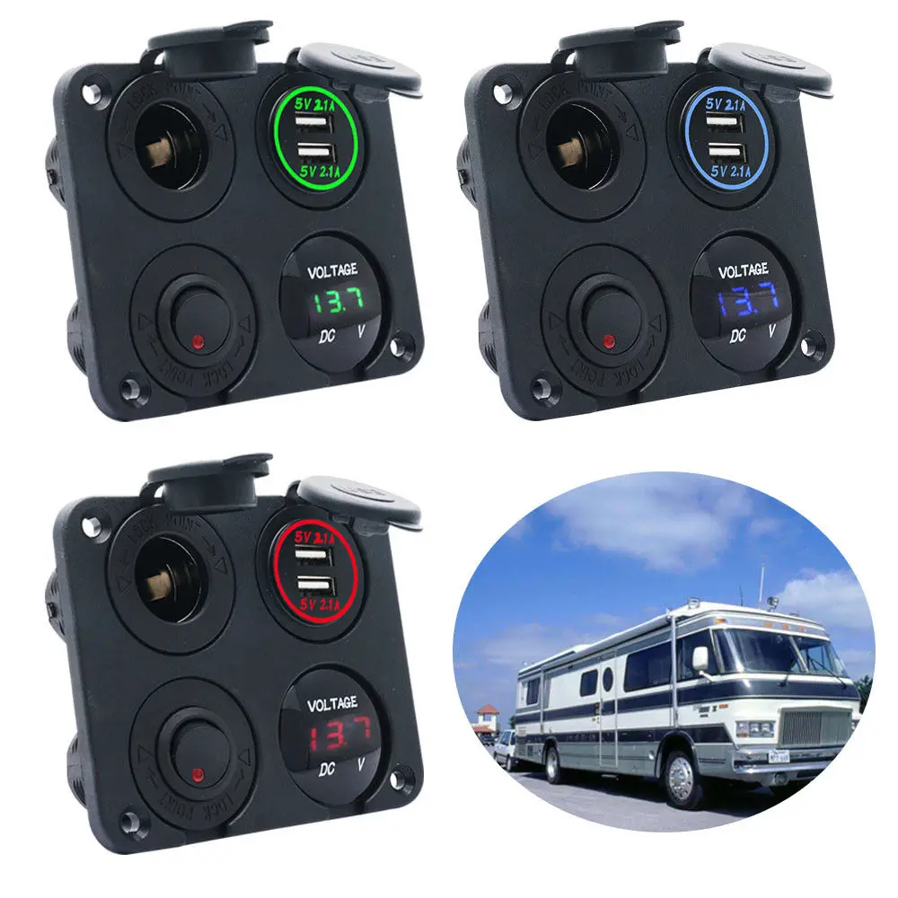 4.2A 4Way Dual USB Charger Voltmeter Cigarette Lighter Socket Panel Boat Blue/Green/Red
4.2A 4Way Dual USB Charger Voltmeter Cigarette Lighter Socket Panel Boat Blue/Green/Red