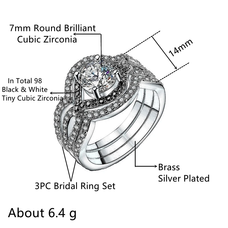 

Huitan 3PC Bridal Ring Set with Round Brilliant Cubic Zirconia Silver Plated Engagement Wedding Rings for Women Valentines Gift