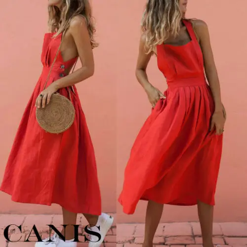 New Womens Holiday Sleeveless Strappy Dress Ladies Summer Beach Sun Dresses Red Overall Femme Solid Sundress Ladies Sling Dress
New Womens Holiday Sleeveless Strappy Dress Ladies Summer Beach Sun Dresses Red Overall Femme Solid Sundress Ladies Sling Dress