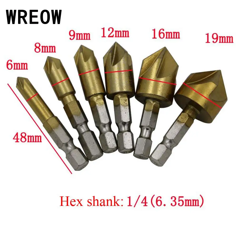 6pcs Hex Flute Chamfer Metric Titanium Coated Countersinks Single Blade 90 Degree Chamfering Cutter Chamfer Drill Set 6mm-19mm
6pcs Hex Flute Chamfer Metric Titanium Coated Countersinks Single Blade 90 Degree Chamfering Cutter Chamfer Drill Set 6mm-19mm
