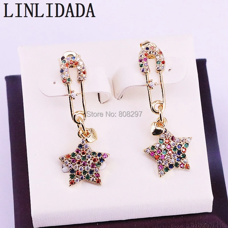 5Pair Fashion New Paved Rainbow Cz Jewelry Unique Gold-color Pin Earring Star Dangle Earrings for Women
5Pair Fashion New Paved Rainbow Cz Jewelry Unique Gold-color Pin Earring Star Dangle Earrings for Women