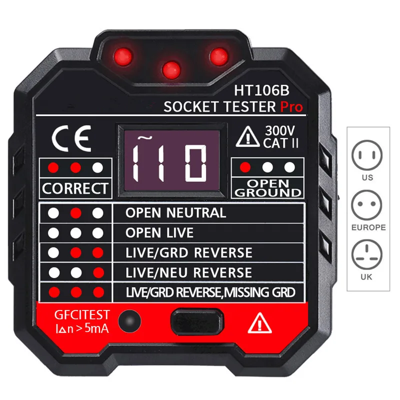 Socket Outlet Tester US/EU/UK Plug Circuit Polarity Voltage Detector Wall Plug Breaker Finder RCD Test LCD Socket Tester
Socket Outlet Tester US/EU/UK Plug Circuit Polarity Voltage Detector Wall Plug Breaker Finder RCD Test LCD Socket Tester