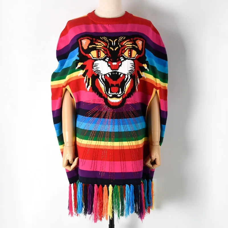 Autumn new color strip knit fringed tiger head shawl round neck sweater cloak women's | Женская одежда