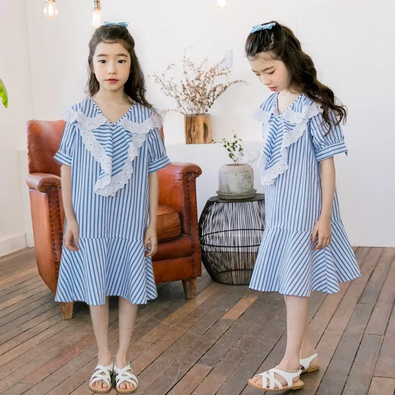 Лоскутное платье в полоску с оборками для девочек-подростков 2019 голубое летнее