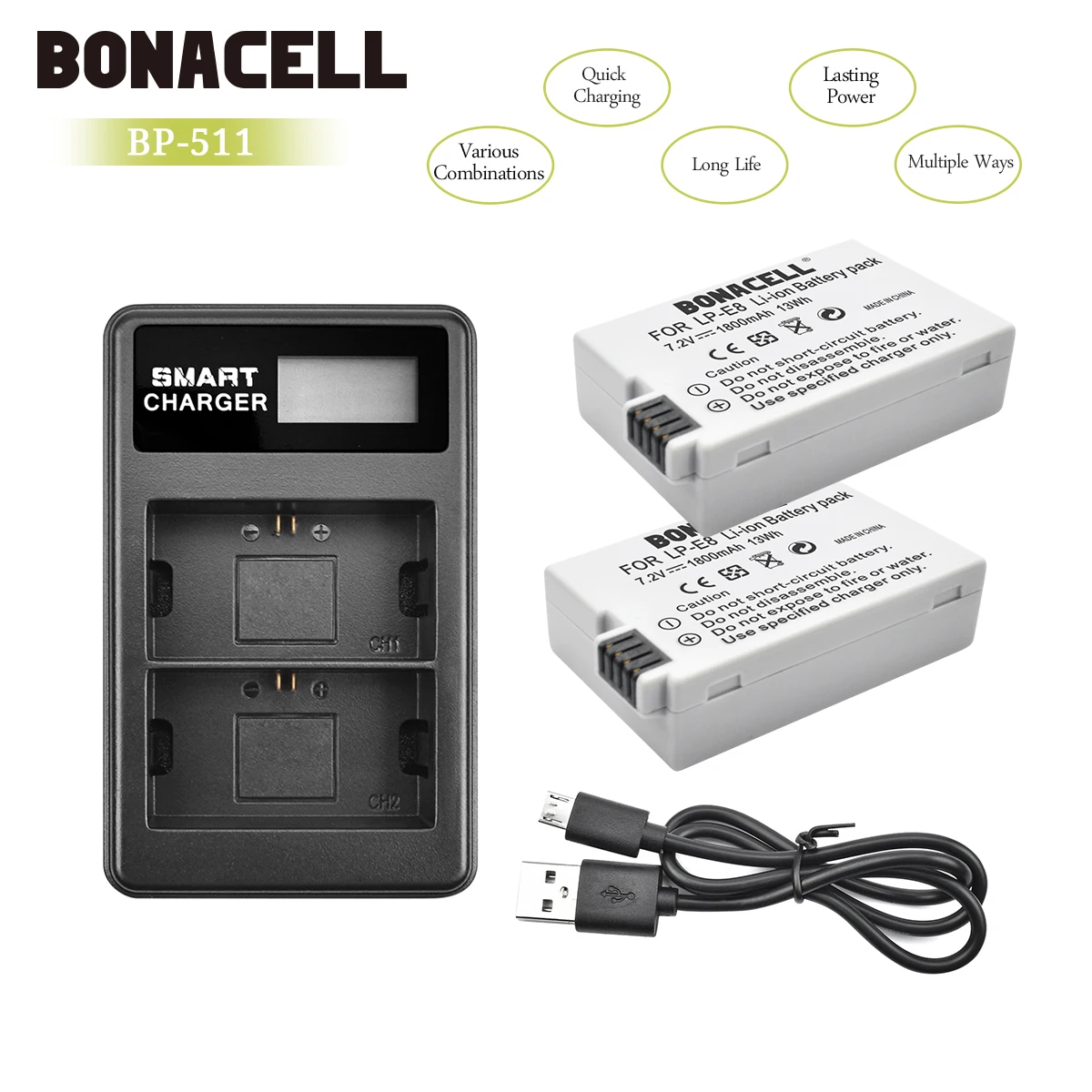 Батарейка для камеры Bonacell LP E8 LPE8 + двойное зарядное устройство с ЖК экраном Canon EOS