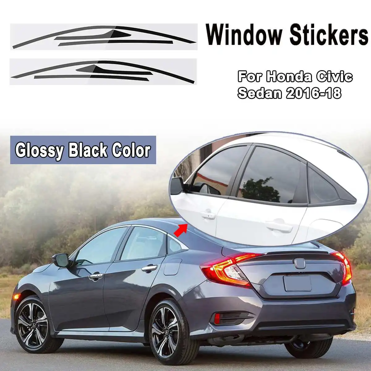 

Matte / Glossy Black Car Sticker Window Frame Trim Stickers Decals For Honda For Civic Sedan 2016 2017 2018 Blackout Overlay