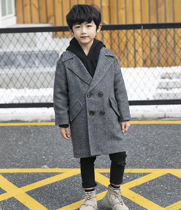 Фото Детское плотное длинное пальто шерстяное двубортное с хлопковой подкладкой для