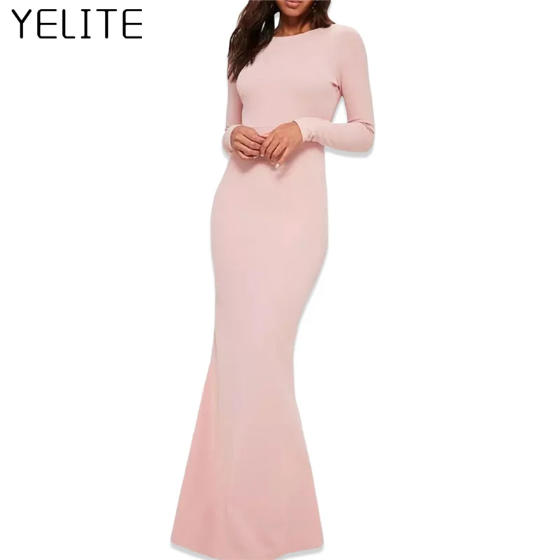 YELITE розовое Однотонное Платье макси с разрезом и подолом русалки простое