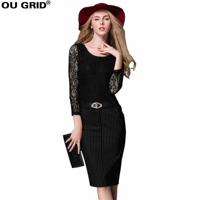Women Black Lace Work Dress Patchwork Hollow Out Long Sleeve Lady Slim Sheath Office Dress Plus Size Pencil Dress With Belt
Women Black Lace Work Dress Patchwork Hollow Out Long Sleeve Lady Slim Sheath Office Dress Plus Size Pencil Dress With Belt