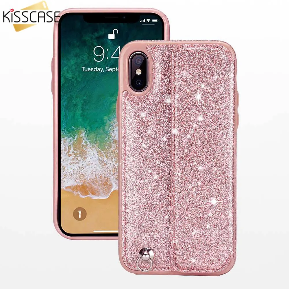 Блестящий чехол из искусственной кожи для iPhone XS Max XR 10 X с подставкой и держателем