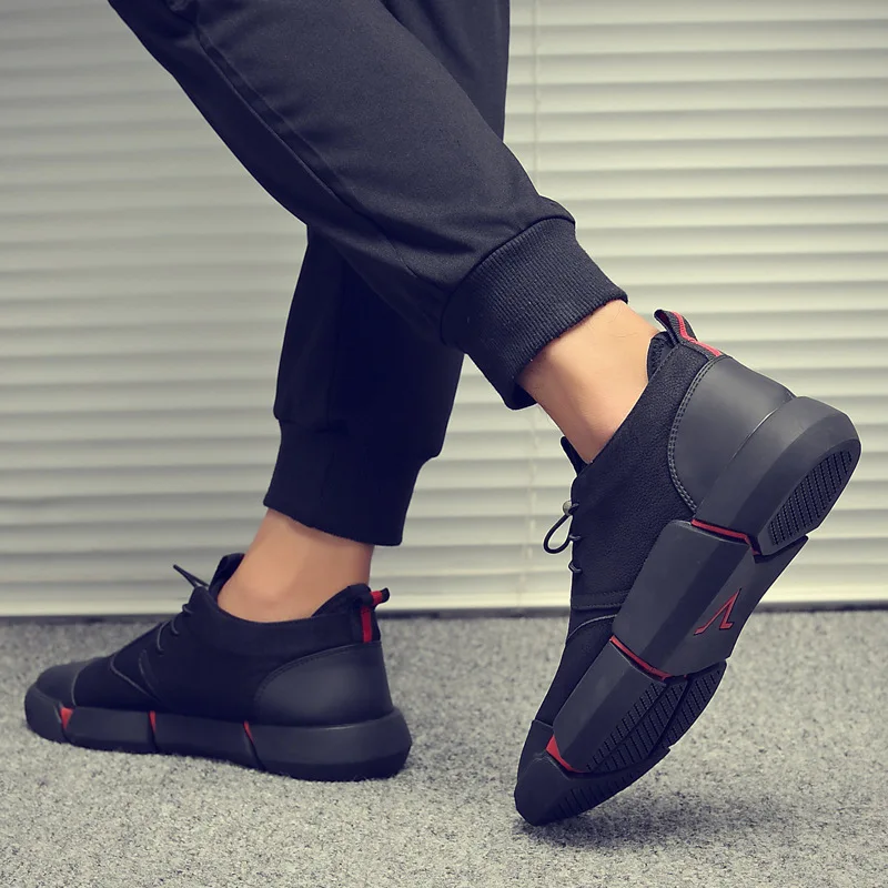 Nausk 2019 New Brand High Quality All Black Men's Leather Casual Shoes Fashion Breathable Sneakers Fashion Flats