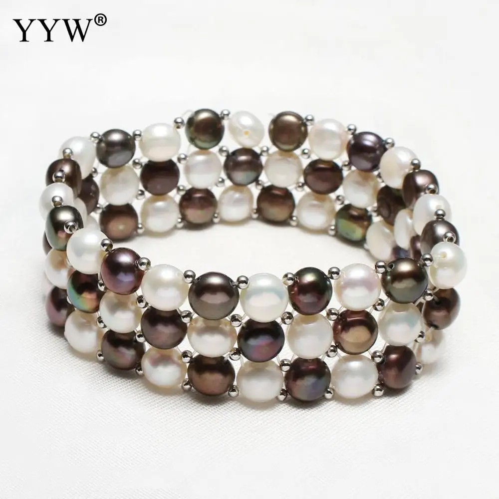 

Handmade Freshwater Cultured Pearl Bracelet Natural Pearl 3 Rows Wristband Statement Bracelets for woman Approx 7.5 Inch Strand