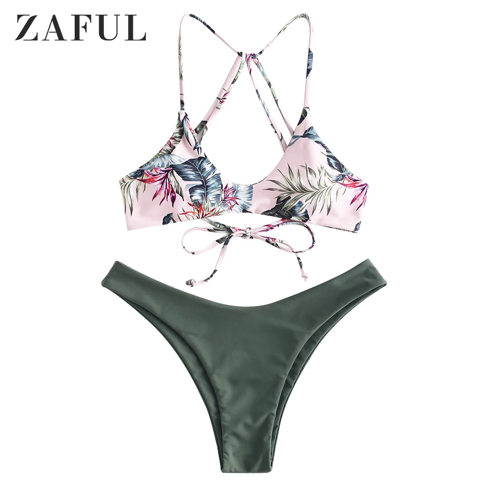 Женский купальник бикини ZAFUL с цветочным принтом на бретельках Цветочный летняя