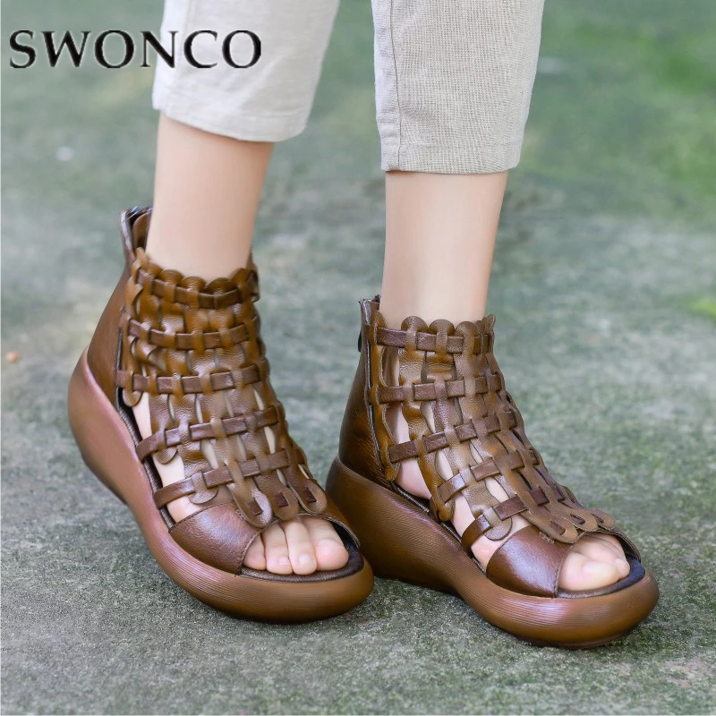 SWONCO Women Sandals Retro Genuine Leather Hollow Out Summer Shoes Lady Wedges Gladiator Sandals For Female 2019 Woman Sandal
SWONCO Women Sandals Retro Genuine Leather Hollow Out Summer Shoes Lady Wedges Gladiator Sandals For Female 2019 Woman Sandal