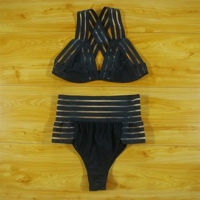 

Sexy Swimwear Woman Summer Supplies Bikini Set Swimming Suit Black Stripes Perspective Splicing Net Yarn Bikini Style Swimwear