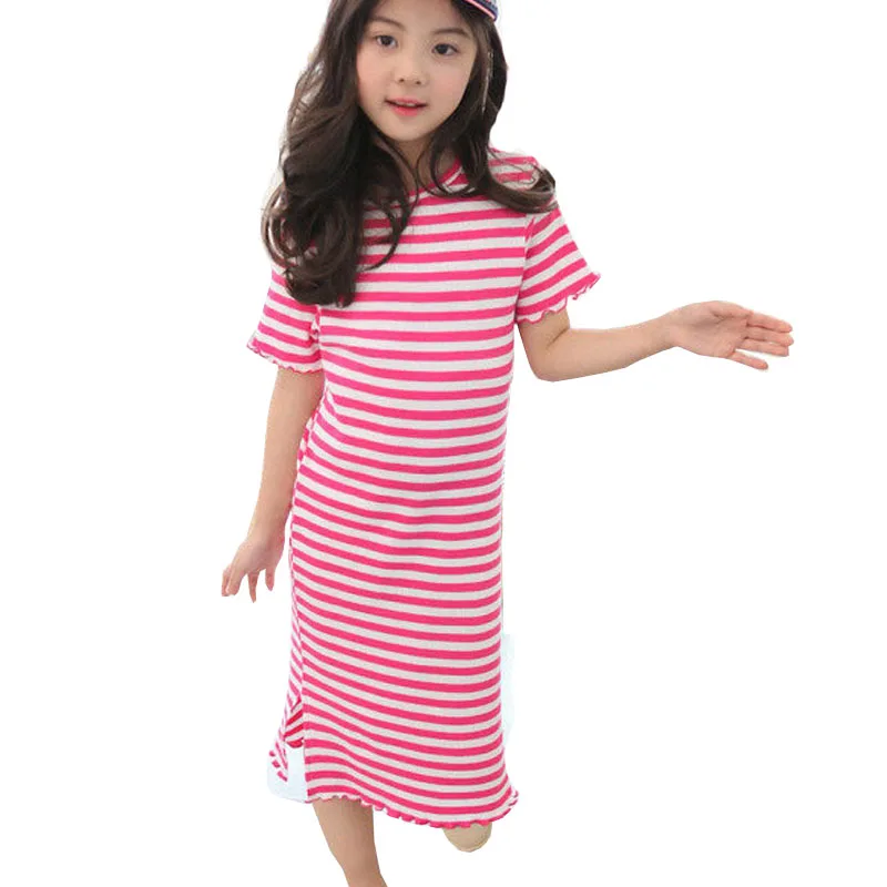 Summer Big Girls Slim Dress Casual Striped Hem Split Dresses Teens Kids Clothes Teenage Girl Cotton Beach vestido 6 8 10 12 14 | Детская