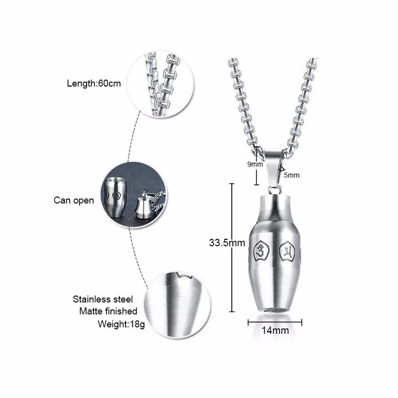 Vnox Hollow Point Openable Bottle Pendant for Men Necklaces Buddhism Six-word Rumor Mantra Jewelry Stainless Steel Male Collier
Vnox Hollow Point Openable Bottle Pendant for Men Necklaces Buddhism Six-word Rumor Mantra Jewelry Stainless Steel Male Collier