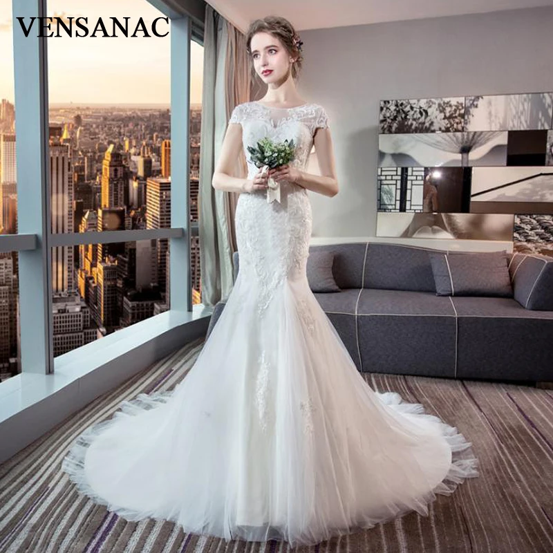 VENSANAC Illusion O Neck Short Cap Sleeve Mermaid Wedding Dresses Lace Appliques Sweep Train Backless Bridal Gowns
VENSANAC Illusion O Neck Short Cap Sleeve Mermaid Wedding Dresses Lace Appliques Sweep Train Backless Bridal Gowns
