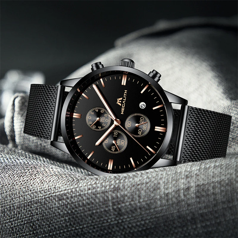 MEGALITH Fashion Cool Watches Men Stainless Steel Mesh Band Sport Quartz Watch Chronograph Mens Wristwatch Clock Man | Наручные часы