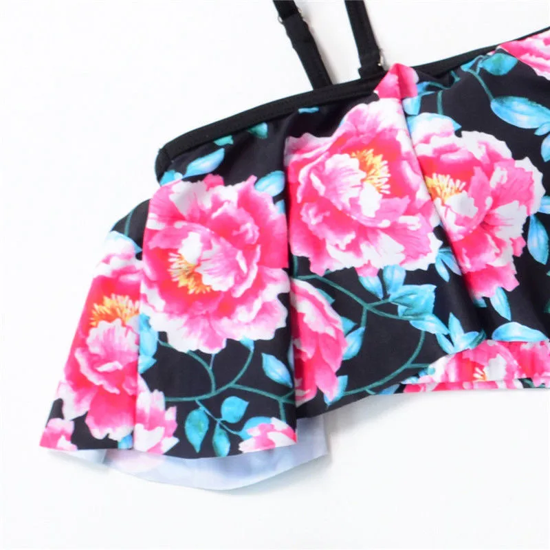 

Women Flower Printed Swimwear Oblique Shoulder Bikini Bathing Suit High Waist Triangle Swimsuit Tankini Bandage Beach Swimsuits