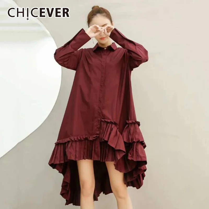Фото CHICEVER/осеннее женское платье с отворотом и длинным рукавом - купить