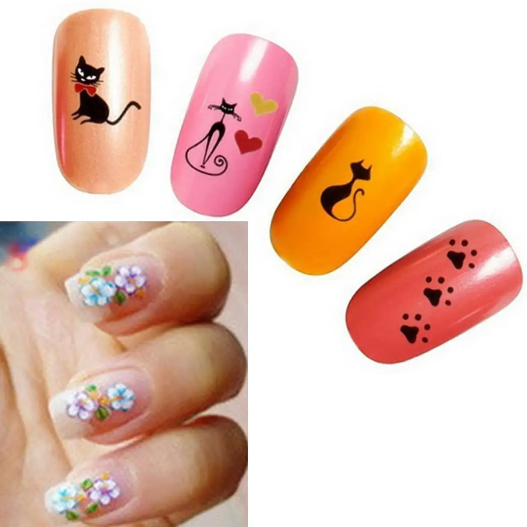 Черный милый кот дизайн передачи воды стикеры 3D на ногти Nail Art Наклейки все типы