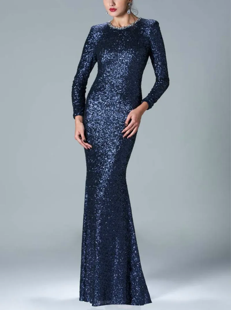 Vestido de festa длинное вечернее платье с круглым вырезом и синими блестками вечерние