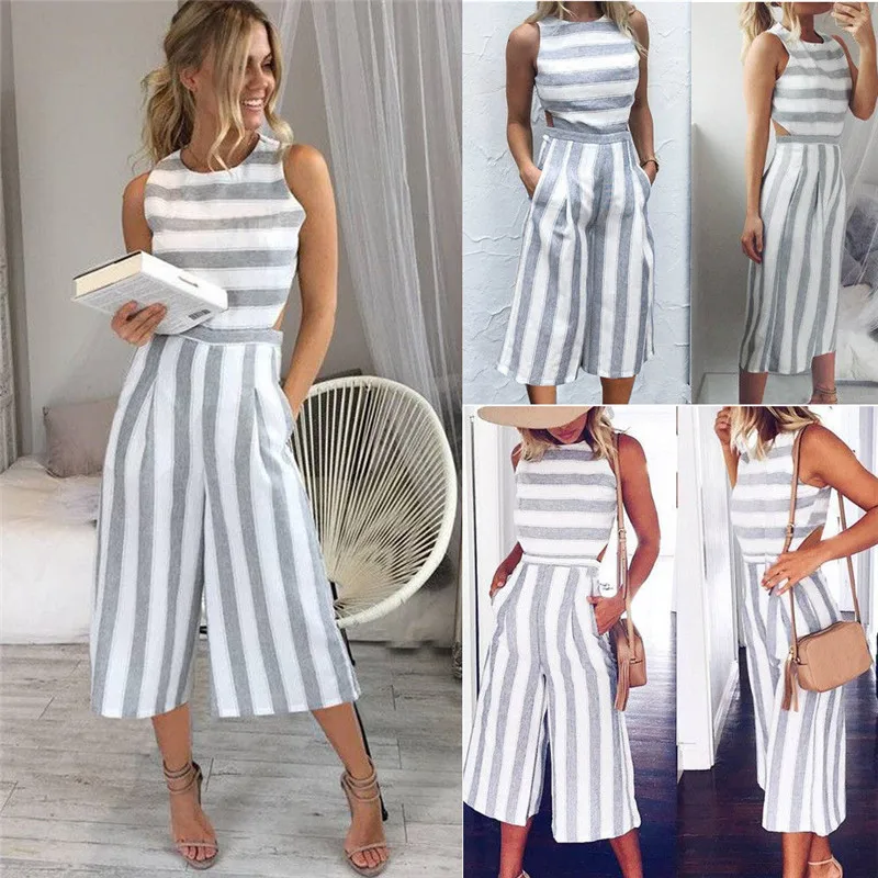 Elegant Sexy Backless Jumpsuits Women Sleeveless Striped Jumpsuit Loose Trousers Wide Leg Pants Rompers Fashion Holiday Overalls
Elegant Sexy Backless Jumpsuits Women Sleeveless Striped Jumpsuit Loose Trousers Wide Leg Pants Rompers Fashion Holiday Overalls