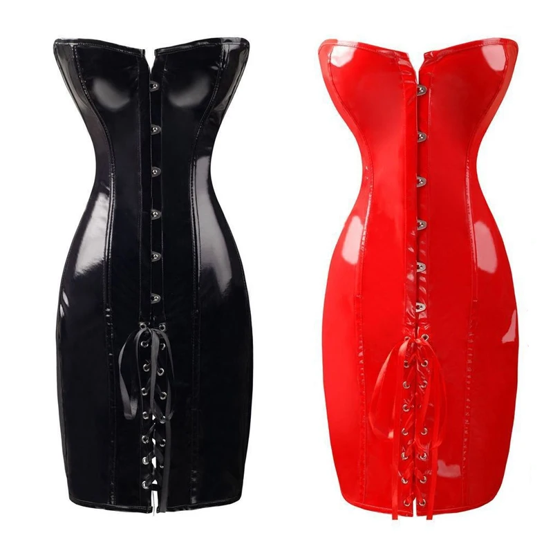 Ladies Black Red Strapless Overbust Corset Dress Nightclub PVC Leather Lace Up Back Sexy Waist Shape Knee-length Bustier Dresses
Ladies Black Red Strapless Overbust Corset Dress Nightclub PVC Leather Lace Up Back Sexy Waist Shape Knee-length Bustier Dresses