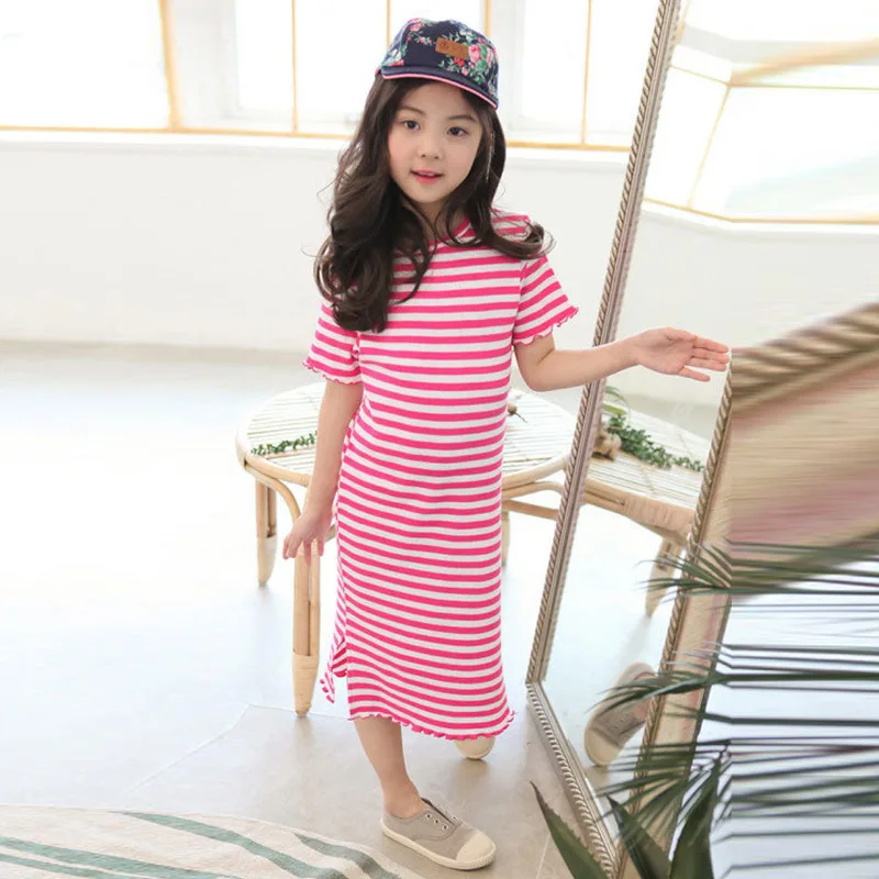 Summer Big Girls Slim Dress Casual Striped Hem Split Dresses Teens Kids Clothes Teenage Girl Cotton Beach vestido 6 8 10 12 14 | Детская