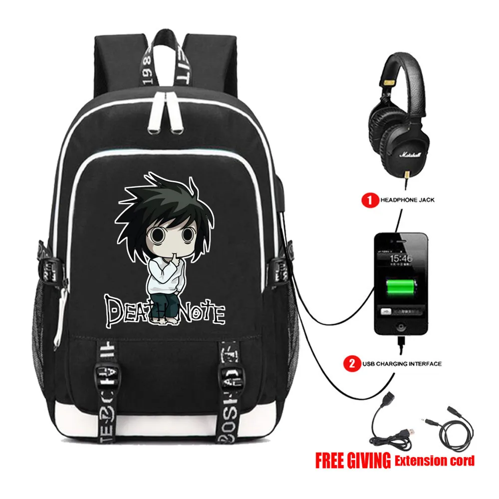 

USB Charge Headphone Jack Laptop Bags Teens School book bag Multifunction Travel Bags for anime Death Note L Backpack 13 style