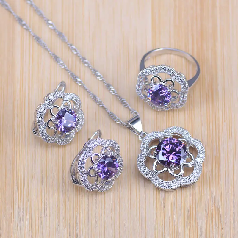 Purple Rose Cubic Zircon Silver Color Costume Jewelry Party/Wedding/Engagement Pendant/Hoop Earrings/Ring/Necklace Set
Purple Rose Cubic Zircon Silver Color Costume Jewelry Party/Wedding/Engagement Pendant/Hoop Earrings/Ring/Necklace Set