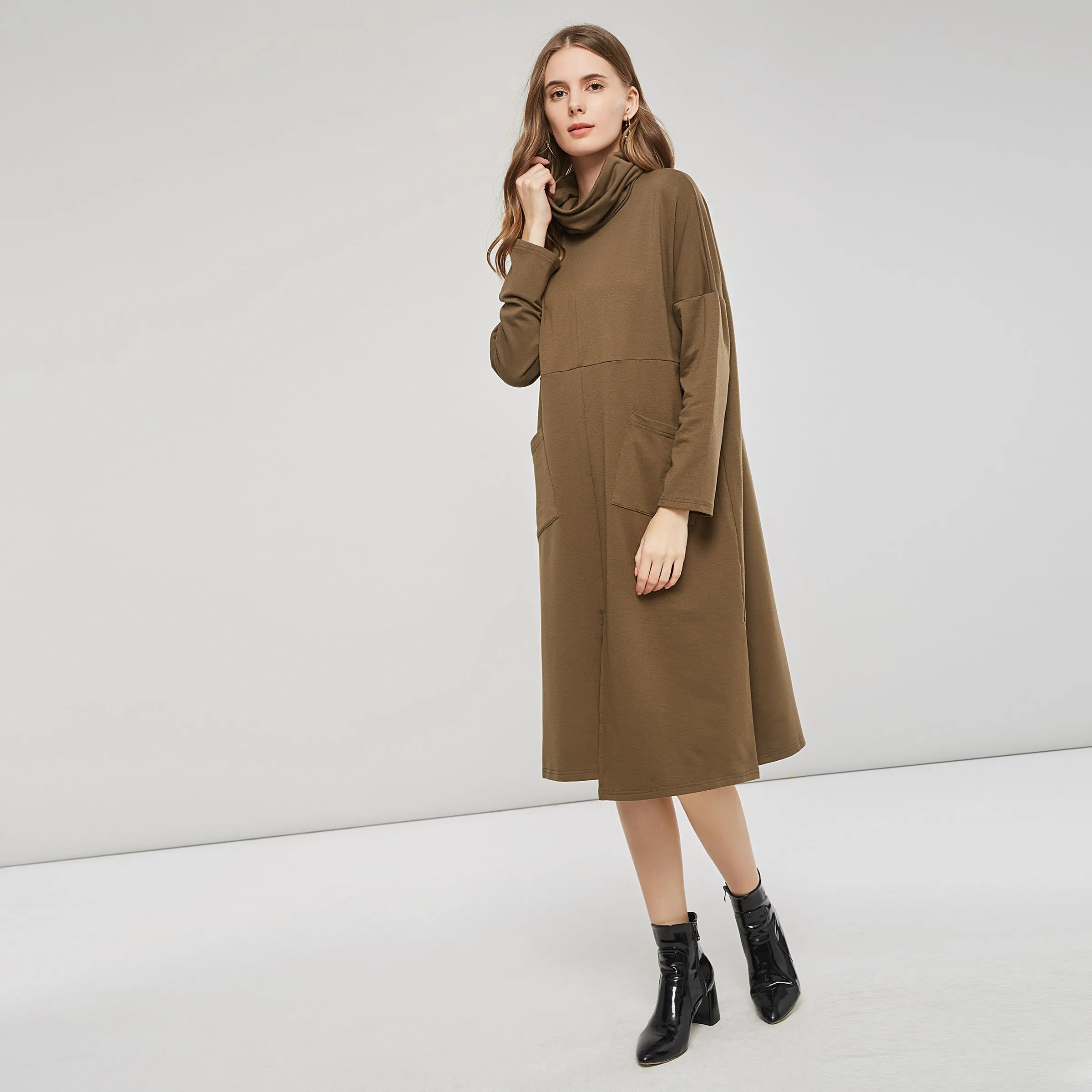 Женские миди платья элегантные OL винтажные Boho Aline водолазка с карманом женские
