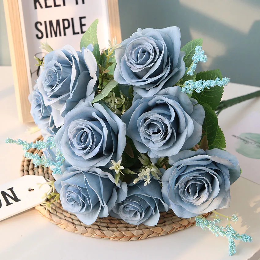 

Искусственные синие розы, цветы, Шелковая Роза, букет, искусственные цветы, украшение для дома и сада, свадебные розы, искусственные цветы