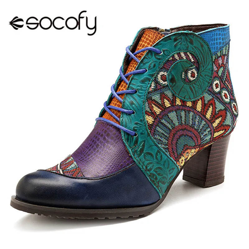 

Socofy Retro Cowgirl Women Boots Genuine Leather Splicing Ankle Boots For Women Shoes Woman Casual Zipper Bohemian Booties Botas