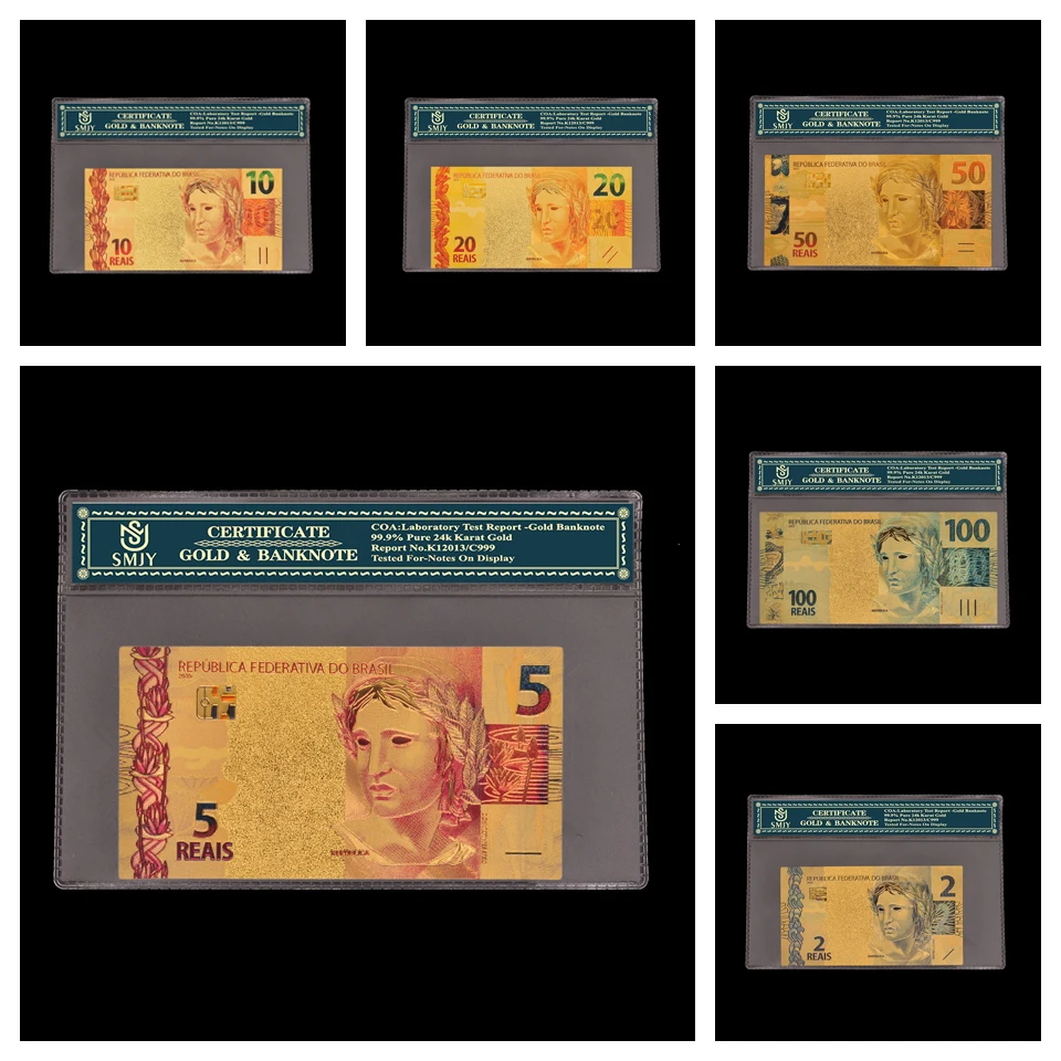 6Pcs/Lot Home Decoration Color Gold Banknote 24k Gold Plated Brazilian Paper Money Set 2/5/10/20/50/100 Reais For Christmas Gift
6Pcs/Lot Home Decoration Color Gold Banknote 24k Gold Plated Brazilian Paper Money Set 2/5/10/20/50/100 Reais For Christmas Gift