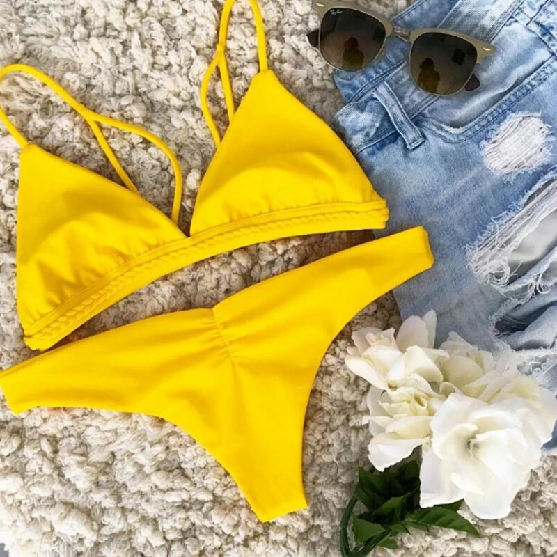 2018 New Sexy Women Solid Bikini Set Bandage Push Up Padded Swimwear Summer Swimsuit Bathing Beachwear Wine Red Yellow | Спорт и