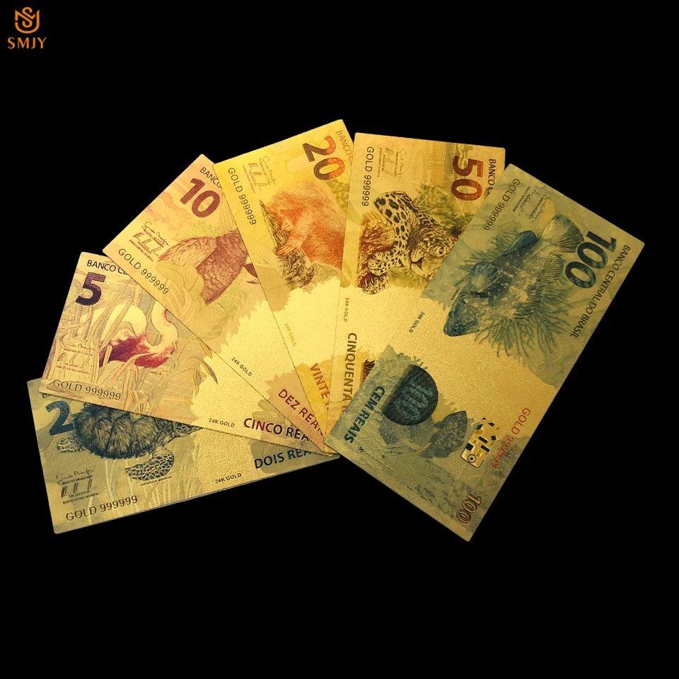 6Pcs/Lot Gold Banknotes Set Reyal 2/5/10/20/50/100 Brazilian Currency 24k Gold Foil Paper Banknote Money For Partriotism Crafts
6Pcs/Lot Gold Banknotes Set Reyal 2/5/10/20/50/100 Brazilian Currency 24k Gold Foil Paper Banknote Money For Partriotism Crafts