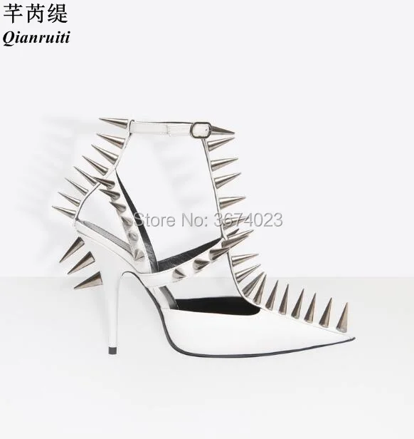 

Qianruiti Runway Shoes Women Black White Red Sandals Spike Studs High Heels T-Strap Rivets Talons Pointed Toe Pumps Party Sandal