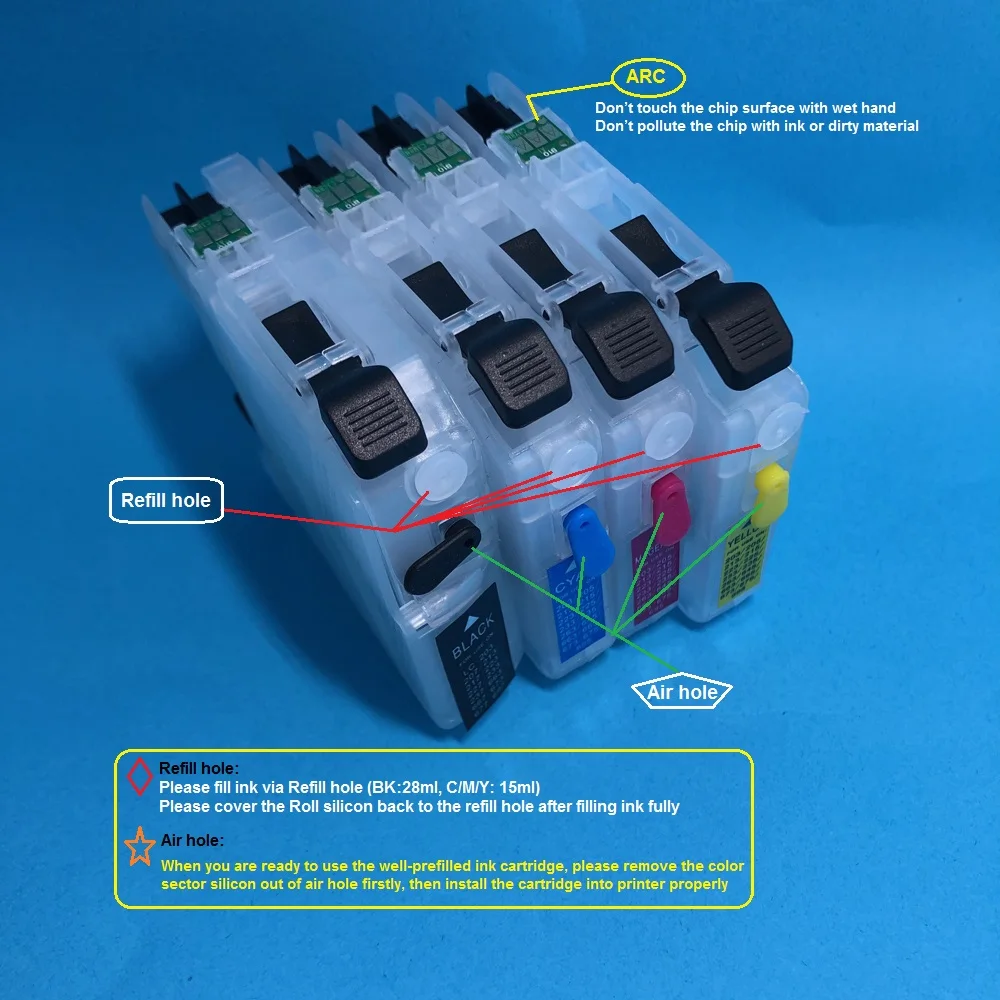 YOTAT Refillable ink cartridge LC223 LC221 for Brother DCP-4120DW MFC-J4420DW MFC-J4620DW MFC-J4625DW J5320DW J5620DW J5625DW
YOTAT Refillable ink cartridge LC223 LC221 for Brother DCP-4120DW MFC-J4420DW MFC-J4620DW MFC-J4625DW J5320DW J5620DW J5625DW