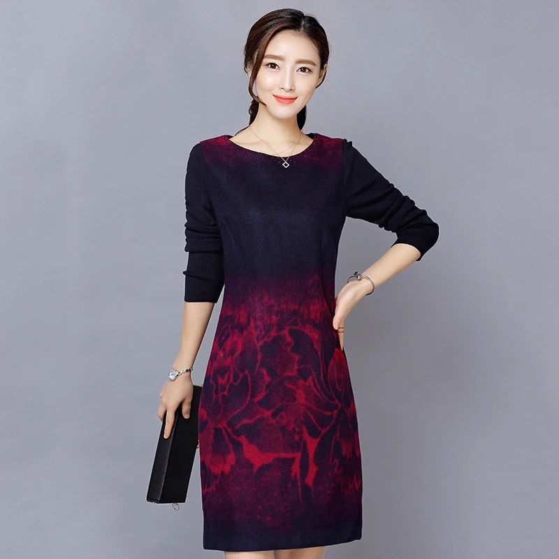 Весенне-осенняя Женская одежда шерстяное платье с длинным рукавом плюс размер 5XL