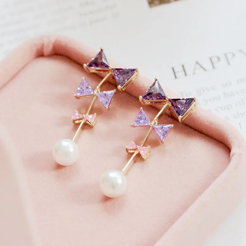 Fashion simple Purple and Pink Different size Three bowknots Pearl Drop earrings Cubic zirconia Women Jewelry Sweet Lovely fresh
Fashion simple Purple and Pink Different size Three bowknots Pearl Drop earrings Cubic zirconia Women Jewelry Sweet Lovely fresh