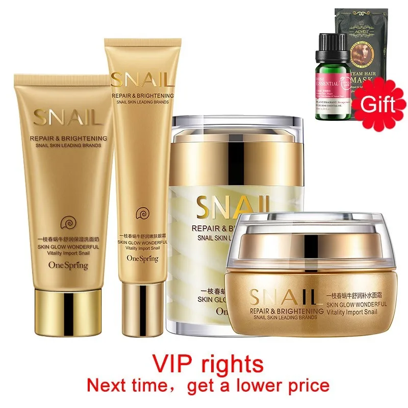 OneSpring Snail Essence Face Care Set Facial Moisturizing Cream Eye Gel Cleanser + 2 Gifts Essential Oil And Hair Mask|Косметические
