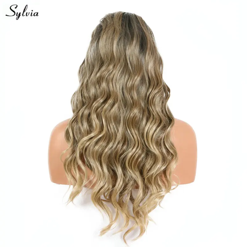 Sylvia Natural Handmade Hairline Dark Mixing Blonde Color Synthetic Lace Front Wigs For Women Long Wave Party Goods | Шиньоны и парики