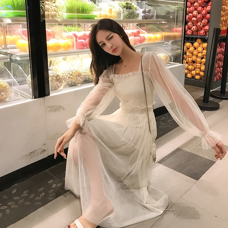 Women Mesh Sling Dress 2019 New Female Sweet Transparent Long Style Korean A-line Dress Daily Casual Lace Long Sleeve Dress
Women Mesh Sling Dress 2019 New Female Sweet Transparent Long Style Korean A-line Dress Daily Casual Lace Long Sleeve Dress