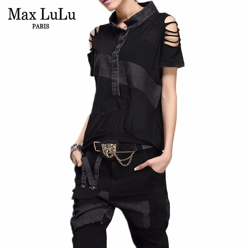 Фото Женский джинсовый комплект из двух предметов Max LuLu черный укороченный топ и брюки