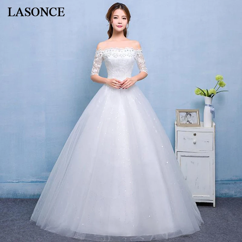LASONCE Crystal Beading Boat Neck Sequined Ball Gown Wedding Dresses Lace Appliques Half Sleeve Backless Bridal Gowns
LASONCE Crystal Beading Boat Neck Sequined Ball Gown Wedding Dresses Lace Appliques Half Sleeve Backless Bridal Gowns