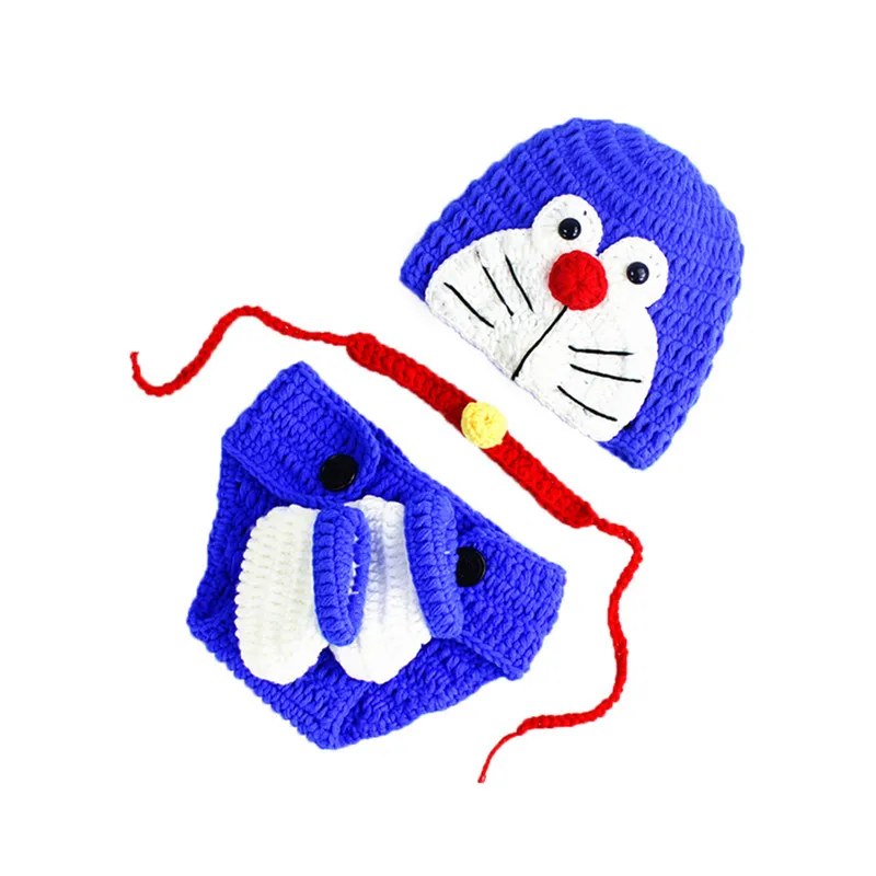 Newborn Photography Clothing Doraemon Knitted Hat+Bell+Pants 3Pcs/set Baby Photo Props Accessories Shoot Babies Crochet Clothes